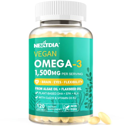 Image 1 of Default Title for the product Nextdia Vegan Omega 3 EPA DHA ALA Supplements + CoQ10, Vitamin D3 K2 for Women Men