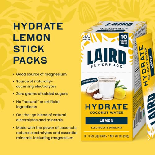 Image 4 of Laird Superfood Hydrate Coconut Water Electrolyte Drink Mix, Lemon, 10 Single Serve Stick Packs