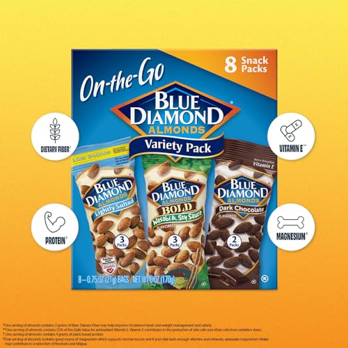 Image 4 of Blue Diamond Almonds Snack Nut Variety Pack for Kids, Office, School, On-the-go, 0.75 oz Gluten Free Individual Packs, Wasabi & Soy Sauce, Lightly Salted, and Dark Chocolate (Pack of 8)