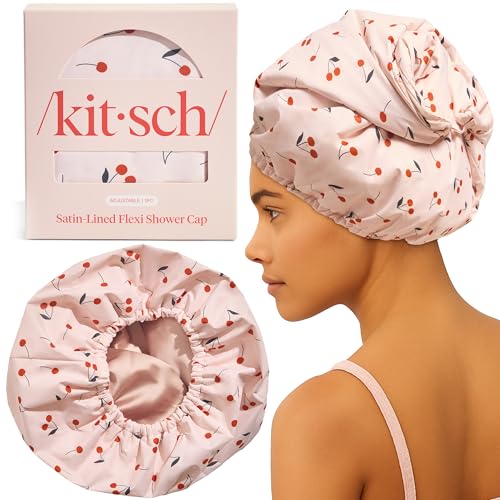 Image 7 of Cherry Print / Large for the product Kitsch Luxury Satin-Lined Flexi Shower Cap for Women