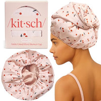 Thumbnail for Image 7 of Cherry Print / Large for the product Kitsch Luxury Satin-Lined Flexi Shower Cap for Women