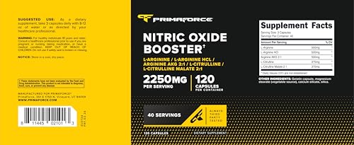 Image 6 of Primaforce Nitric Oxide Booster (2,250mg) 120 Capsules, 40 Servings