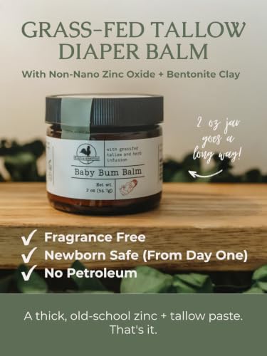 Image 3 of Hearth and Homestead Baby Bum Balm, Grass Fed Tallow Diaper Rash Cream with Zinc Oxide & Bentonite Clay, Fragrance Free Diaper Cream for Sensitive Baby Skin, Newborn Safe, 2oz