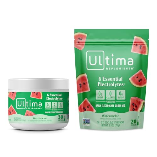 Image 1 of Default Title for the product Ultima Replenisher Electrolyte Powder Drink Mix Bundle ? Sugar Free ? Watermelon, 30 Serving Canister and 20 Stickpacks ? 6 Electrolytes and Minerals ? Keto Friendly, Vegan, Non-GMO