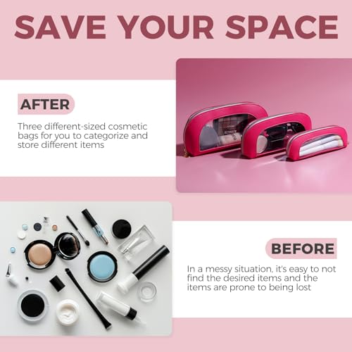 Image 3 of BS-MALL 3 Pcs Makeup Bag Set, Waterproof Travel Makeup Kit with Zippers, Lightweight Travel Bag for Makeup Brush Holder & Organizer, Fashionable Leather Case for Daily Use & Storage (Hot Pink)