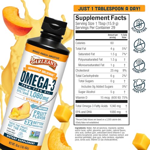 Image 6 of Barlean's Mango Peach Omega-3 Fish Oil with Vitamin D, 1080mg, 16oz