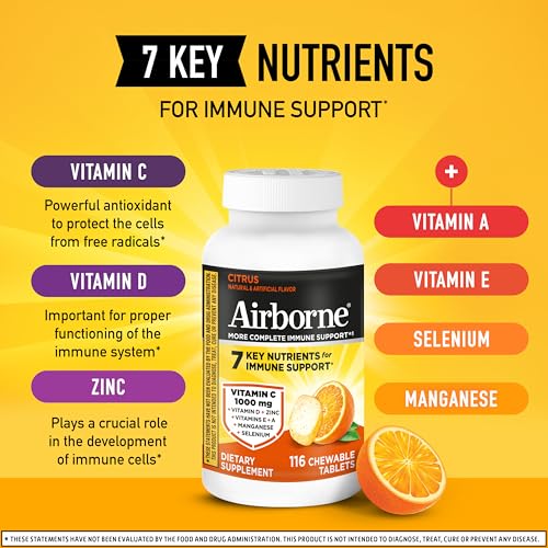 Image 5 of Airborne 1000mg Vitamin C  Zinc Immune Support Supplement Chewable Tablets, Citrus Flavor, 116 Tablets (2 Pack)