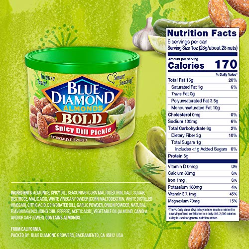 Image 3 of Blue Diamond Almonds Spicy Dill Pickle Flavored Snack Nuts, 6 Oz Resealable Can Pack of 2