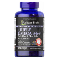 Thumbnail for Puritan's Pride Maximum Strength Triple Omega 3-6-9 Fish Flax & Chia Oils 120 Softgels