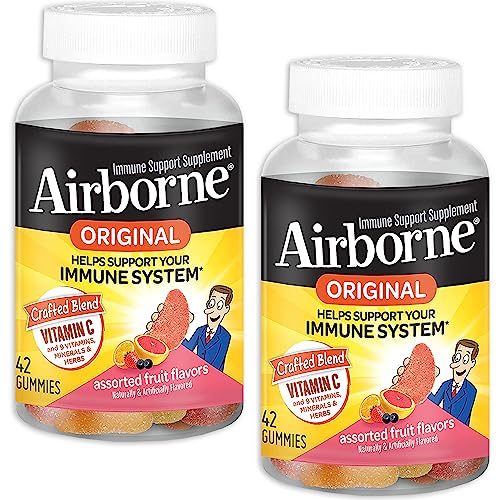 Image 1 of Default Title for the product Airborne 750mg Vitamin C Immune Support Supplement Gummies for Adults, Assorted Fruit Flavor, Gluten Free Crafted Blend with Powerful Antioxidants Vitamins A C & E, 42 Gummies (2 Pack)