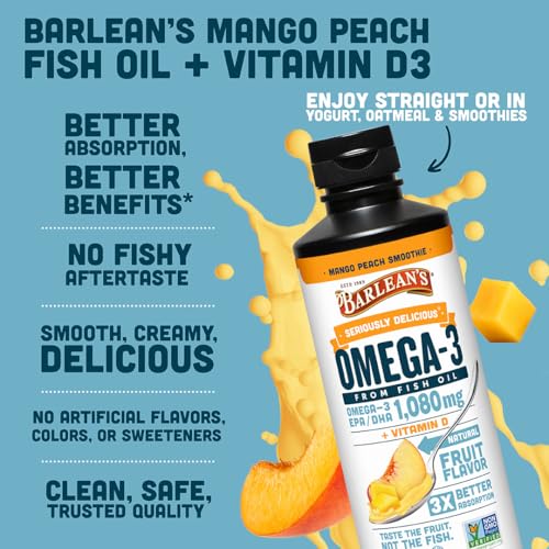Image 4 of Barlean's Mango Peach Omega-3 Fish Oil with Vitamin D, 1080mg, 16oz