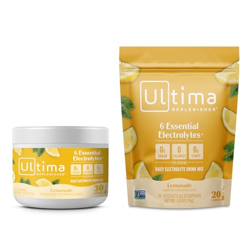Image 1 of Default Title for the product Ultima Replenisher Electrolyte Powder Drink Mix Bundle ? Sugar Free ? Lemonade, 30 Serving Canister and 20 Stickpacks ? 6 Electrolytes and Minerals ? Keto Friendly, Vegan, Non-GMO