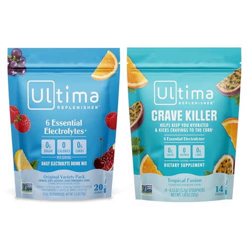 Image 1 of Default Title for the product Ultima Replenisher Electrolyte Powder Drink Mix Bundle ? Sugar Free ? Variety, Crave Killer ? 20 Stickpacks, 14 Stickpacks ? 6 Electrolytes and Minerals ? Keto Friendly, Vegan, Non-GMO
