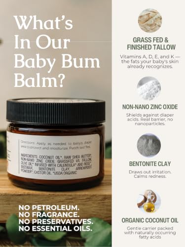 Image 4 of Hearth and Homestead Baby Bum Balm, Grass Fed Tallow Diaper Rash Cream with Zinc Oxide & Bentonite Clay, Fragrance Free Diaper Cream for Sensitive Baby Skin, Newborn Safe, 2oz
