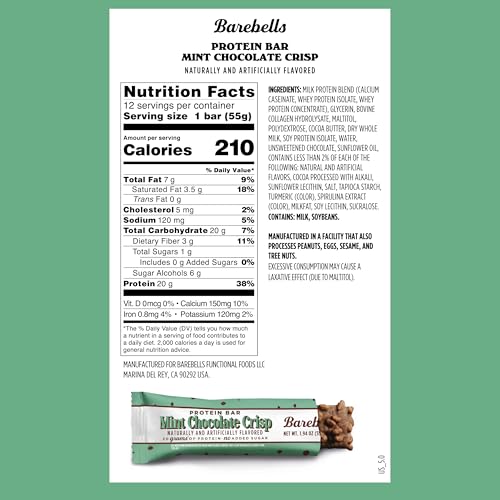 Image 2 of BAREBELLS Mint Chocolate Crisp Protein Bar – 20g Protein – No Added Sugar – 12 x 55g High Protein Snack