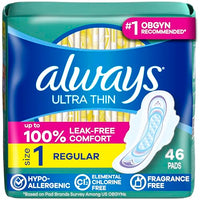 Thumbnail for Image 1 of Default Title for the product Always Ultra Thin Feminine Pads with Wings Size 1 Regular Absorbency Unscented 46 Count