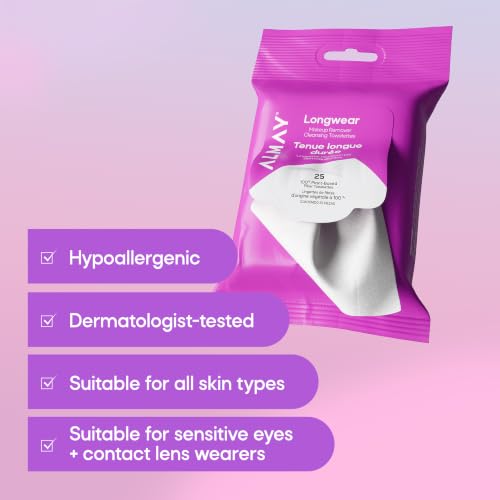 Image 7 of Almay Face Makeup Remover Wipes, Longwear & Waterproof, Hypoallergenic, Fragrance Free, Dermatologist & Ophthalmologist Tested, 25 Count (Pack of 2)