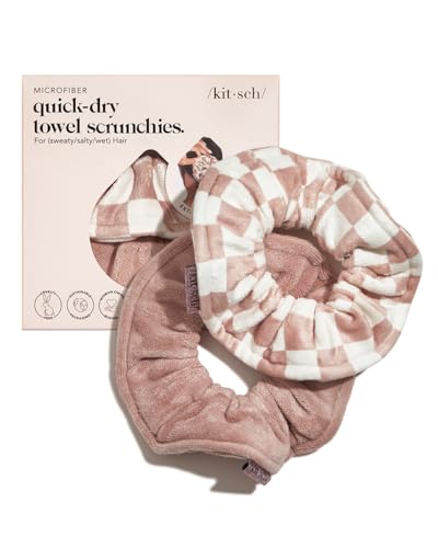 Image 2 of Terracotta Checkered for the product Kitsch Microfiber Quick-Dry Hair Towel Scrunchie - Micro Dot, 2pcs