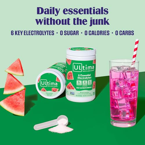 Image 2 of Ultima Replenisher Electrolyte Powder Drink Mix Bundle ? Sugar Free ? Watermelon, 90 Serving Canister and 20 Stickpacks ? 6 Electrolytes and Minerals ? Keto Friendly, Vegan, Non-GMO
