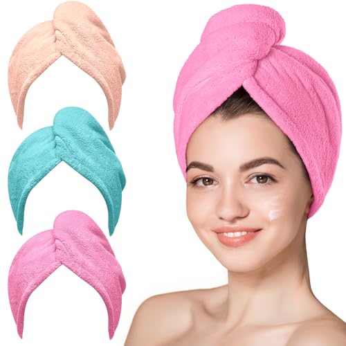 Image 7 of Light Aqua, Peachy Coral, Sweet Pink - 3 Pack / Large for the product Hicober Microfiber Hair Towel Wrap for Women