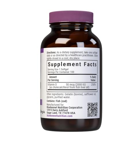 Image 2 of BlueBonnet Nutrition Vitamin D3 2000 IU, 100 Vegetable Capsules