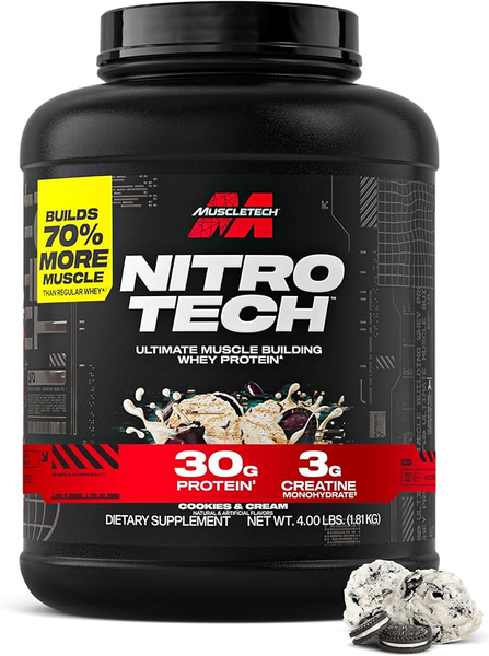Muscletech Whey Protein Powder (Cookies & Cream, 4 Pound) - Nitro-Tech Muscle Building Formula with Whey Protein Isolate & Peptides - 30g of Protein, 3g of Creatine & 6.8g of BCAA