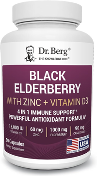 Thumbnail for Dr. Berg Black Elderberry Capsules (Advanced Immune Support*) with 15,000 IU Vitamin D, 60 mg of Zinc, & 90 mg of Camu Camu - (4-in-1) Sambucus Elderberry Immune Support Supplement - 90 Capsules