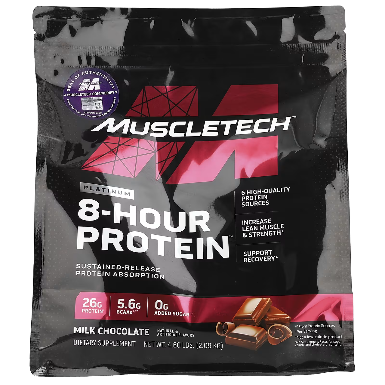 MuscleTech Platinum 8-Hour Protein Powder - 7 Premium Protein Sources with Whey & Casein Protein for Increased Lean Muscle, Strength & Improved Recovery - Milk Chocolate, 50 Servings